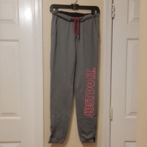 Nike Women's Gray Sweatpants with Pink 'JUST DO IT.' Side Logo